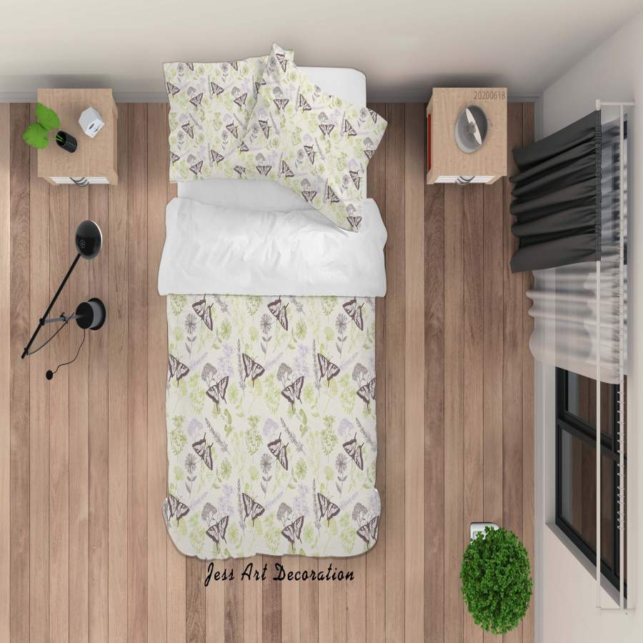 3D White Green Floral Butterfly Quilt Cover Set Bedding Set Duvet Cover Pillowcases SF81