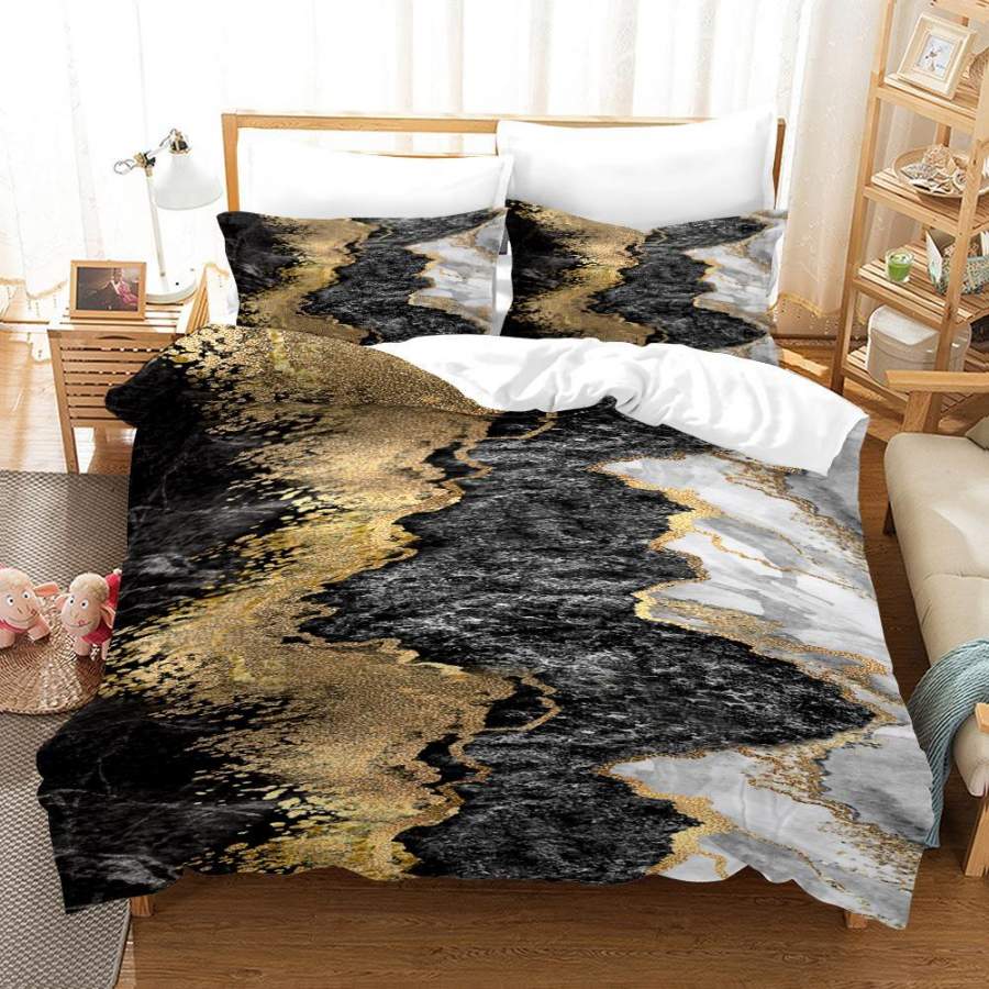 3D Black Gold Foil Marble Quilt Cover Set Bedding Set Duvet Cover Pillowcases A423 LQH