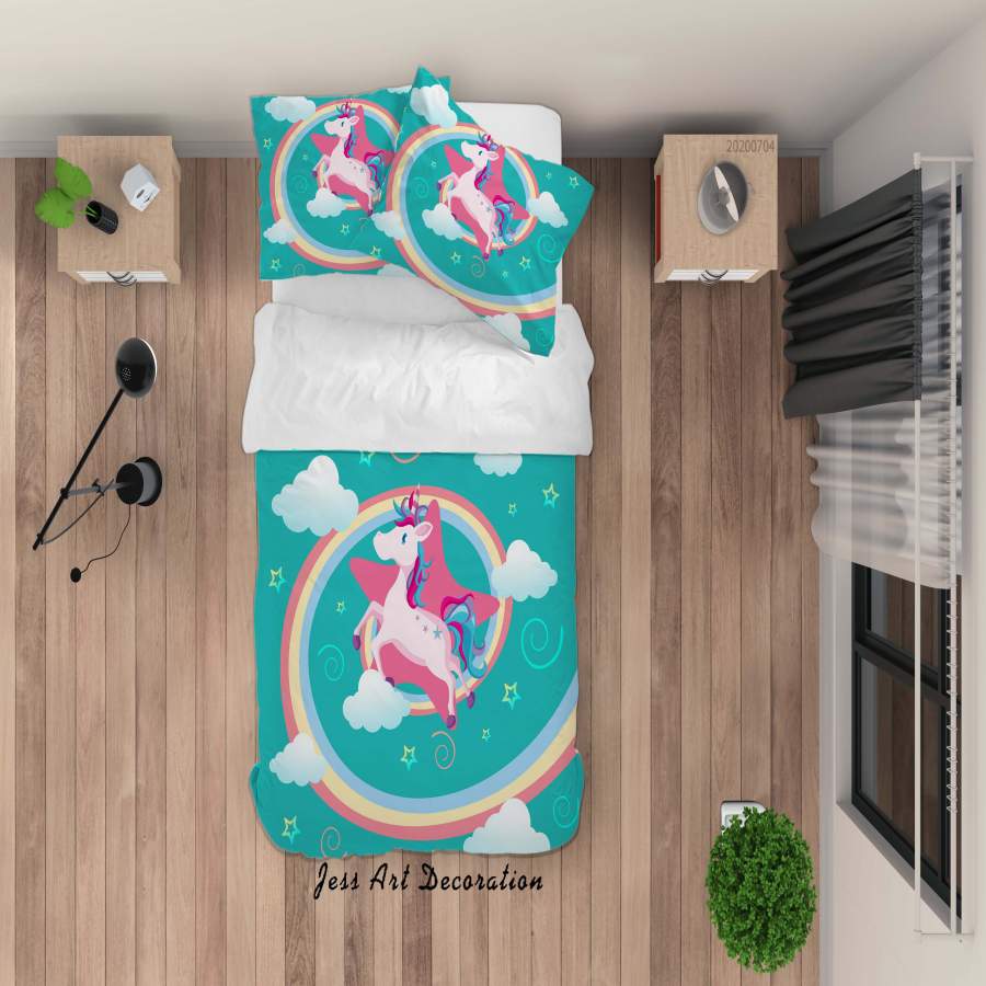 3D Green Stars Rainbow Unicorn Quilt Cover Set Bedding Set Duvet Cover Pillowcases SF53