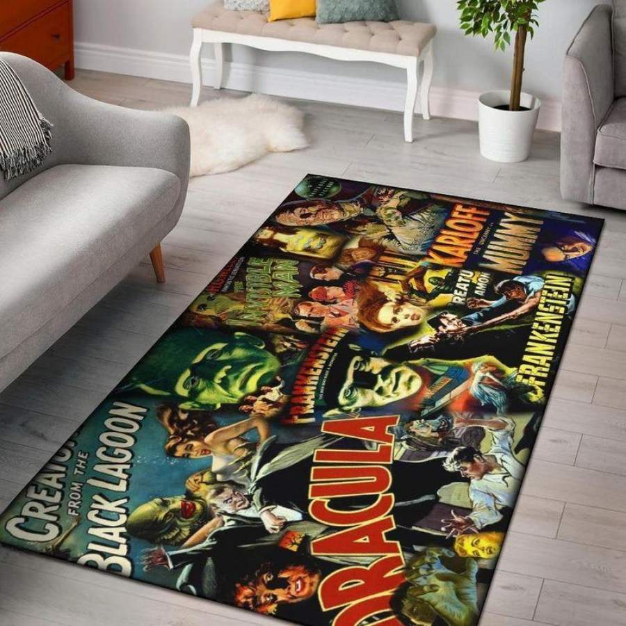 Vintage Movie Monster’s Area Rug Halloween Carpet Dracula Carpet Frankenstein Carpet Creature From The Black Lagoon Mummy Carpet Rug