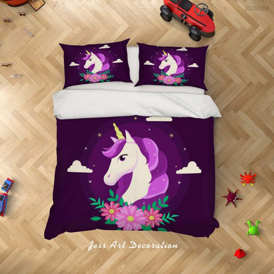 3D Purple Floral Unicorn Quilt Cover Set Bedding Set Duvet Cover Pillowcases SF226