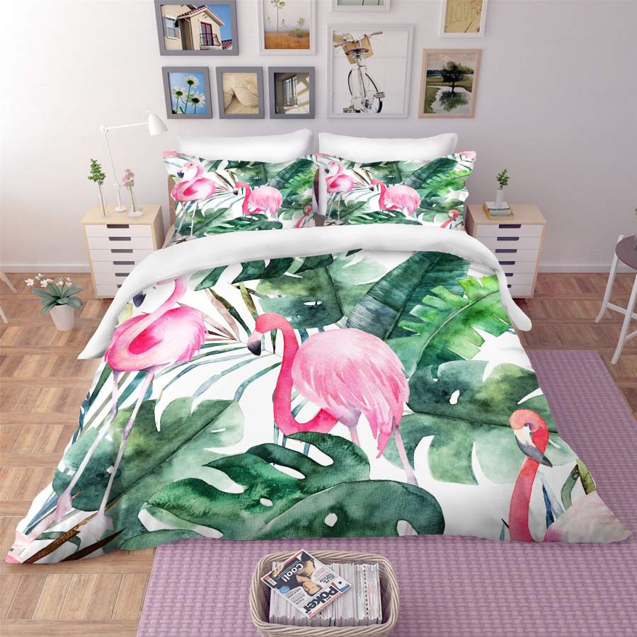 3D Green Palm Leaves Flamingo Quilt Cover Set Bedding Set Pillowcases 112