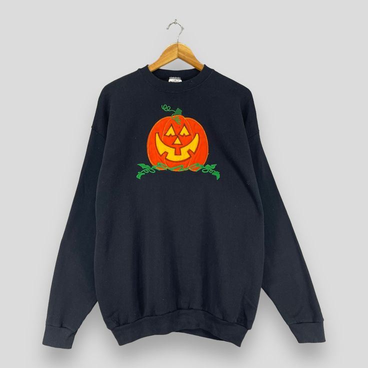 Vintage 1990s Halloween Pumpkin Sweatshirt Crewneck Medium Halloween Festival Haunted Pumpkin Embroidery Black Pullover Sweater, Halloween Costume Ideas, Shirt Outfit Ideas