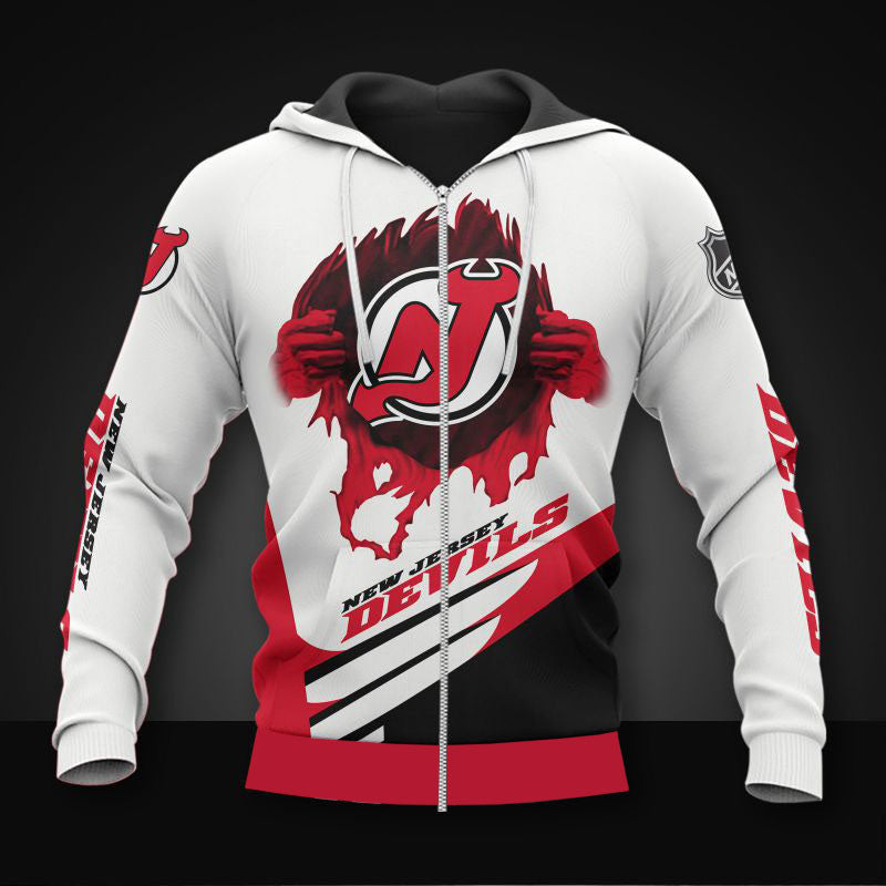 White New Jersey Devils Zipper Hoodies, Pullover Print 3D