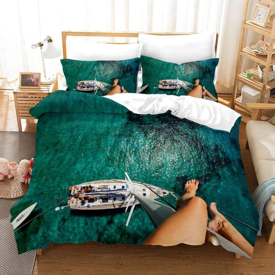 3D Green Sea Sailboat Quilt Cover Set Bedding Set Duvet Cover Pillowcases A529 LQH