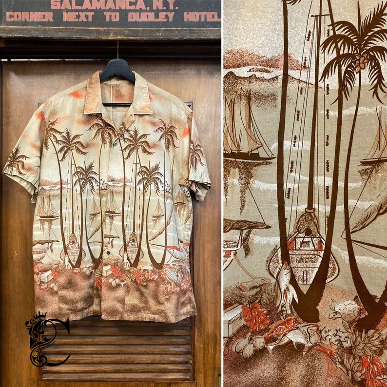 Vintage 1950’S Nautical Tropical Cabana Cotton Hawaiian Shirt, 50’S Hawaiian Shirt, Vintage Nautical Shirt, Vintage Clothing