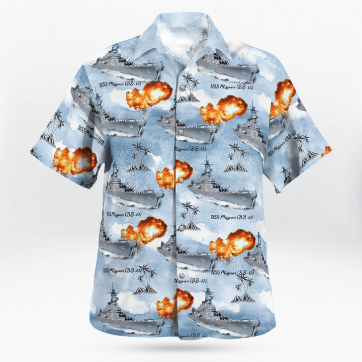 Warship Battleship Uss Missouri (Bb-63) “Mighty Mo” Palm Tree Hawaiian Shirt