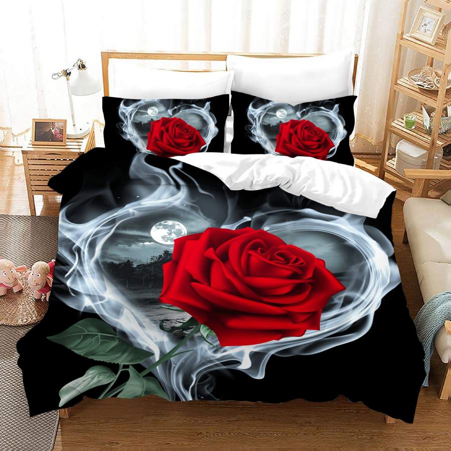 3D Heart-shaped Smog Red Rose Floral Quilt Cover Set Bedding Set Duvet Cover Pillowcases JN 1122