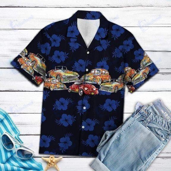 Vinatge Car Dark Blue Tropical Floral Hawaiian Aloha Shirts