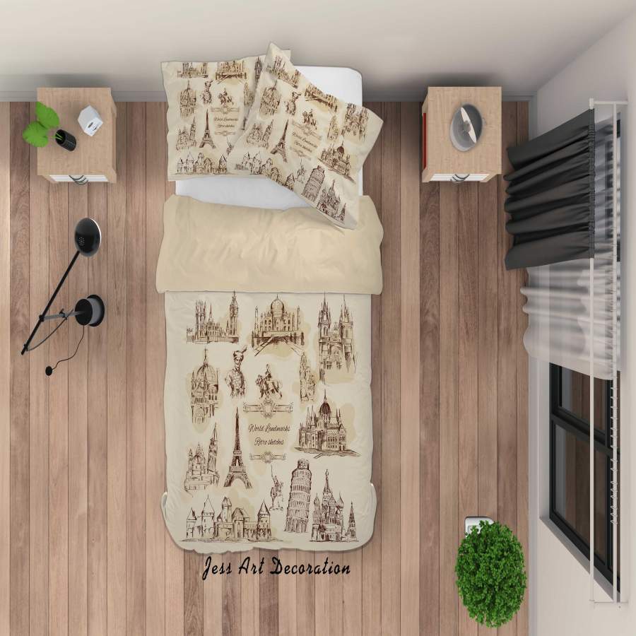 3D World Landmark Sketch Retro Quilt Cover Set Bedding Set Duvet Cover Pillowcases A069 LQH