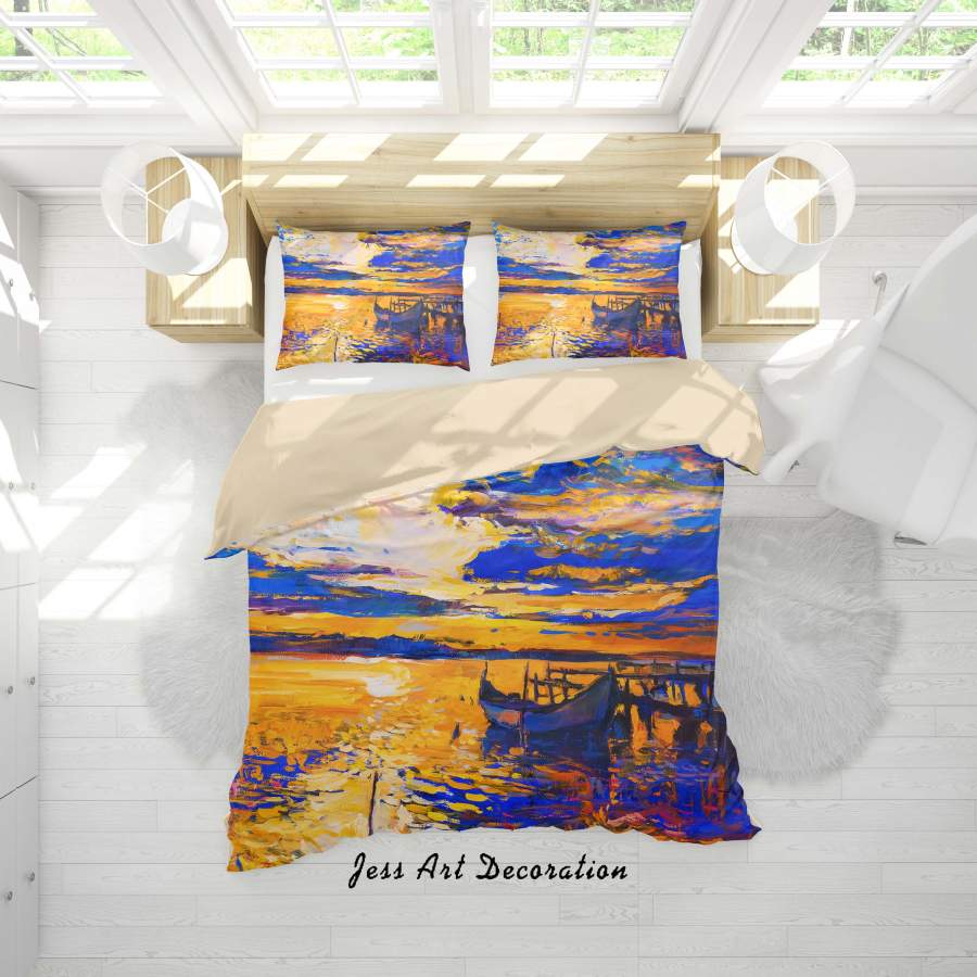 3D Orange Sky Ocean Boat Oil Painting Quilt Cover Set Bedding Set Duvet Cover Pillowcases A059 LQH