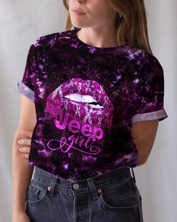 Women Shirt Pink Lips Jeep Ribbon Shirt Full Print, Breast Cancer Awareness Shirt, Flower Pink Ribbon Shirt