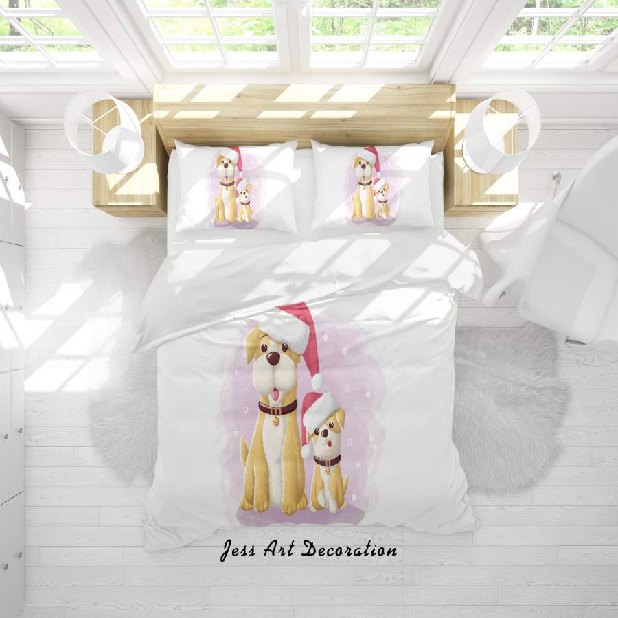 3D White Dog Christmas Hat Quilt Cover Set Bedding Set Duvet Cover Pillowcases SF36