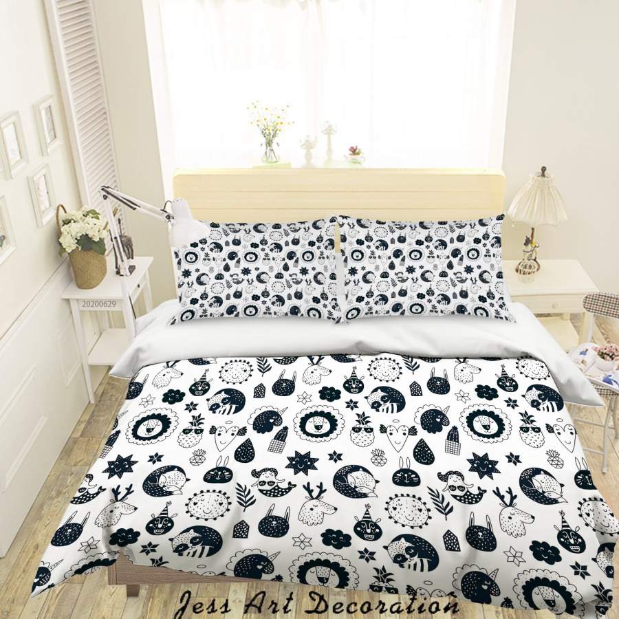 3D White Black Cartoon Animal Unicorn Mermaid Quilt Cover Set Bedding Set Duvet Cover Pillowcases SF88