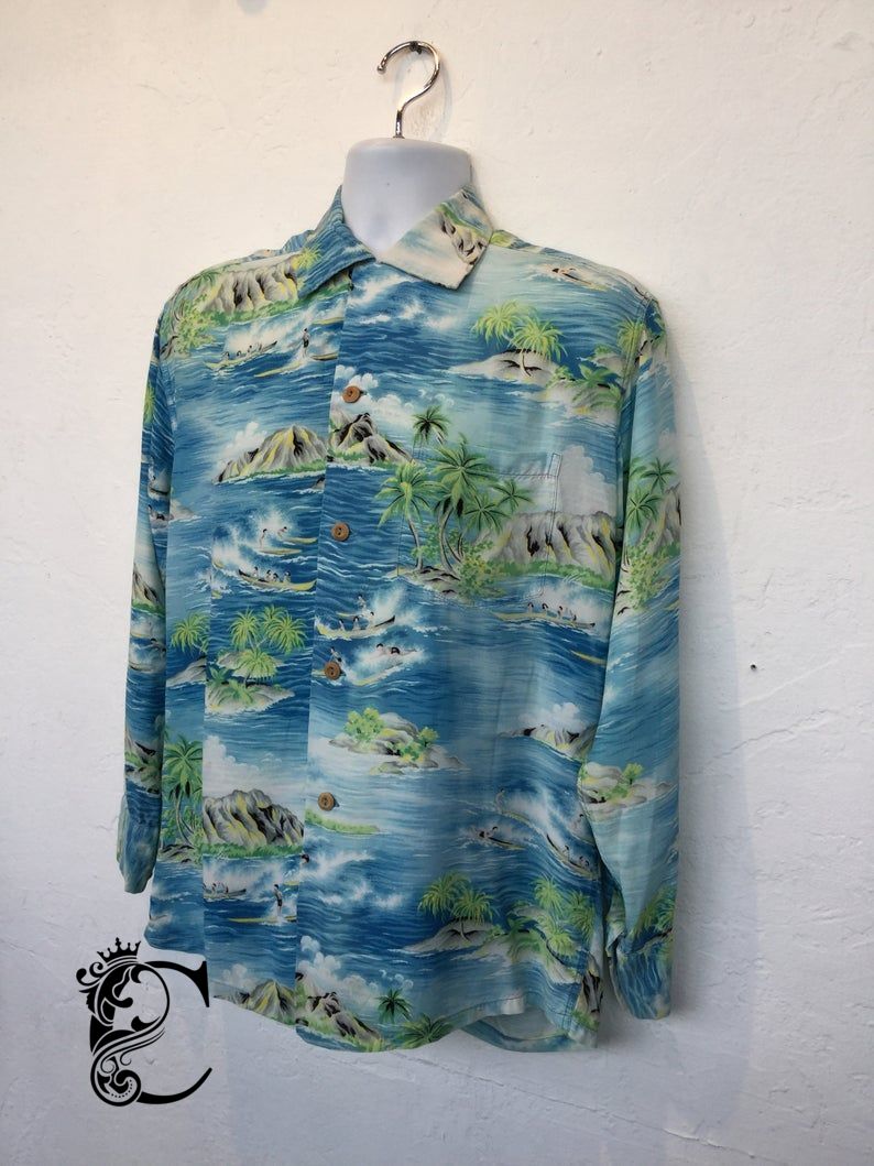 Vintage 1940S/50S Rayon Long Sleeve Hawaiian Shirt