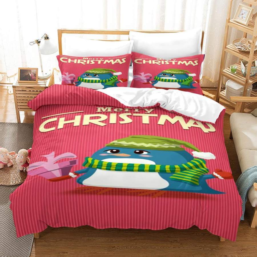 3D Christmas Penguin Pink Quilt Cover Set Bedding Set Duvet Cover Pillowcases A625 LQH