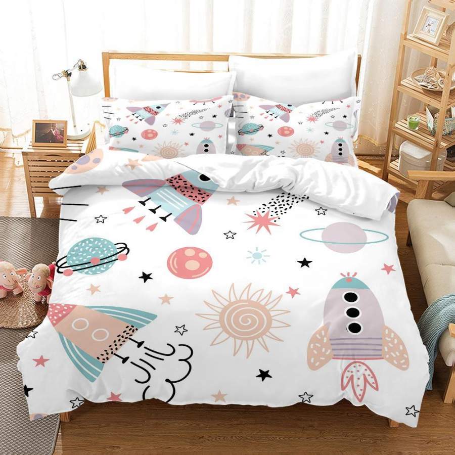 3D White Cartoon Rocket Planet Star Sun Quilt Cover Set Bedding Set Duvet Cover Pillowcases SF54