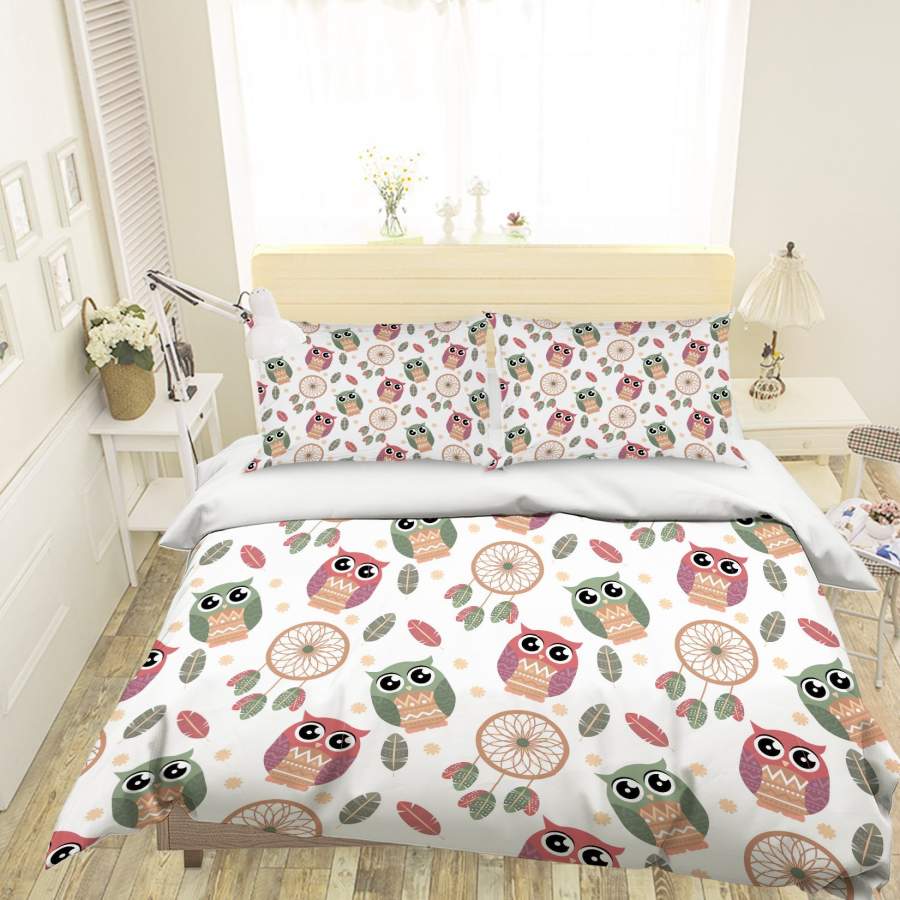 3D Cartoon Owl Leaves Green Quilt Cover Set Bedding Set Pillowcases 72