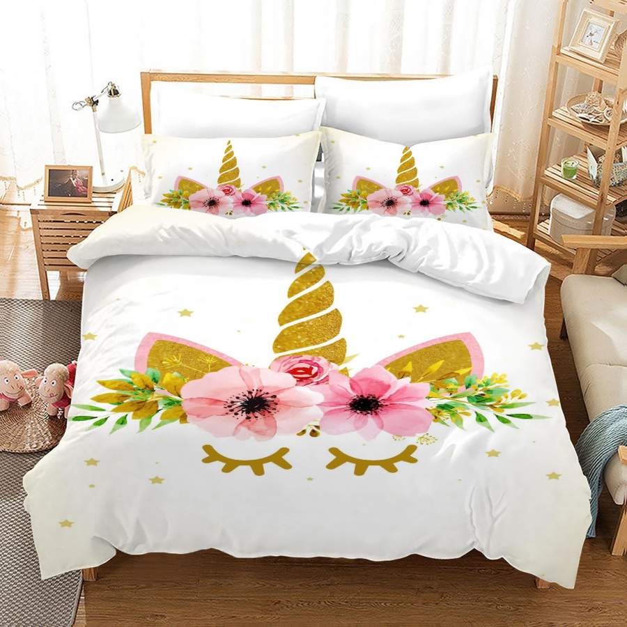 3D Golden Floral Unicorn Quilt Cover Set Bedding Set Duvet Cover Pillowcases JN1037