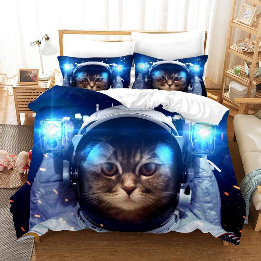 3D Blue Astronaut Cat Kitty Quilt Cover Set Bedding Set Duvet Cover Pillowcases SF50