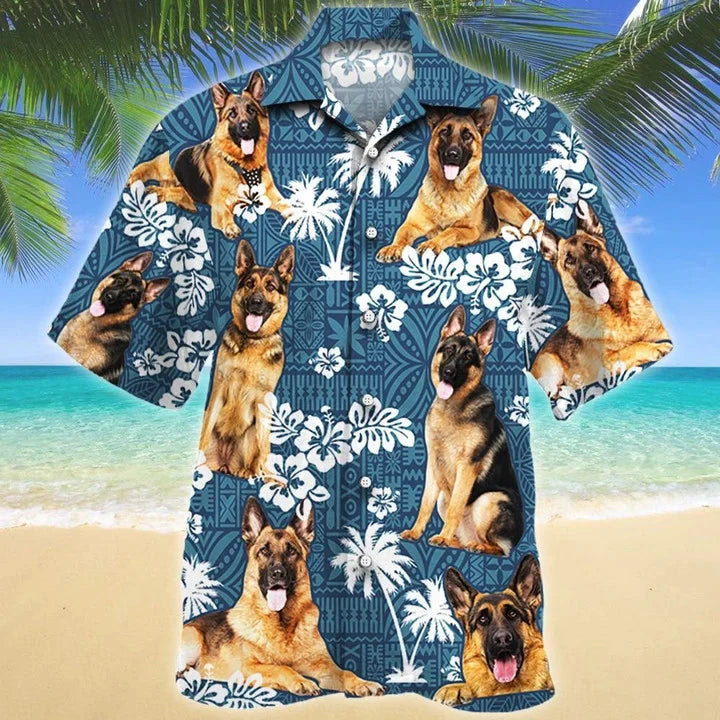 Tongue Out German Shepherd Dog Lovers Blue Tribal Pattern Hawaiian Shirt