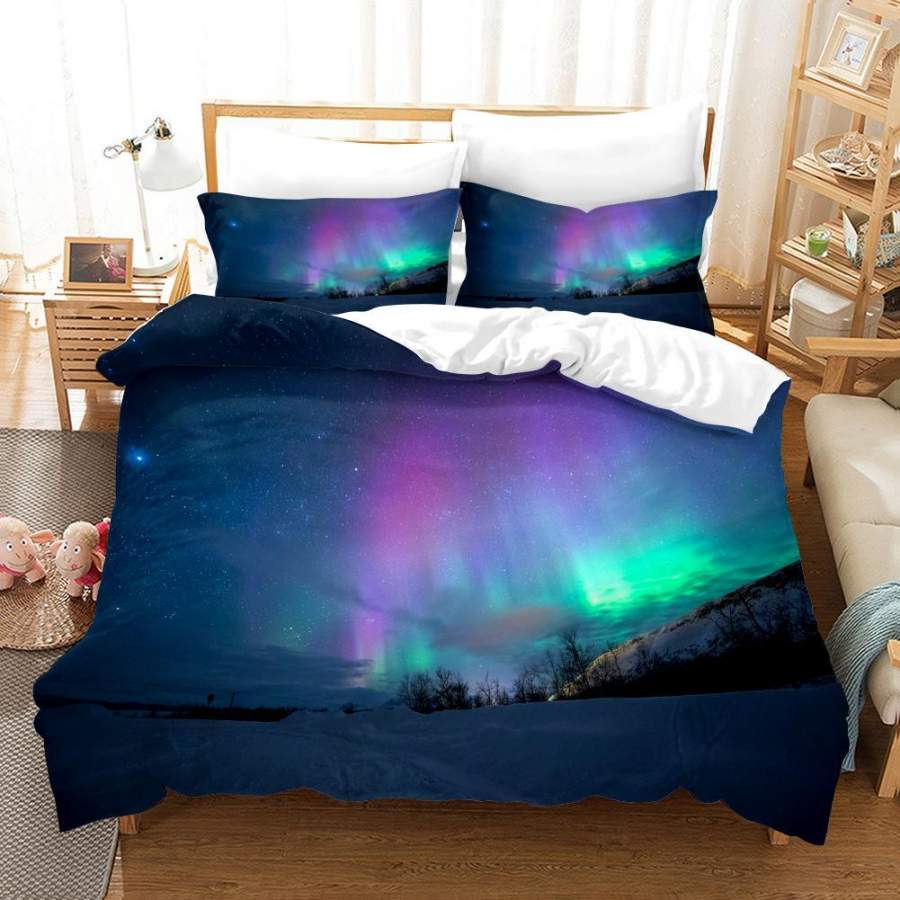 3D Pink Blue Green Winter Aurora Quilt Cover Set Bedding Set Duvet Cover Pillowcases SF24