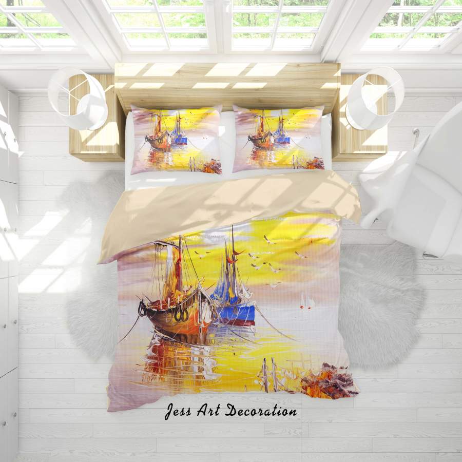 3D Ocean Boat Oil Painting Quilt Cover Set Bedding Set Duvet Cover Pillowcases A069 LQH