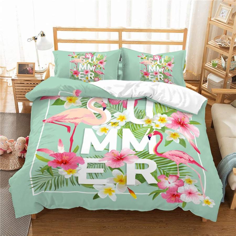 3D Flamingo Leaves Quilt Cover Set Bedding Set Pillowcases 34