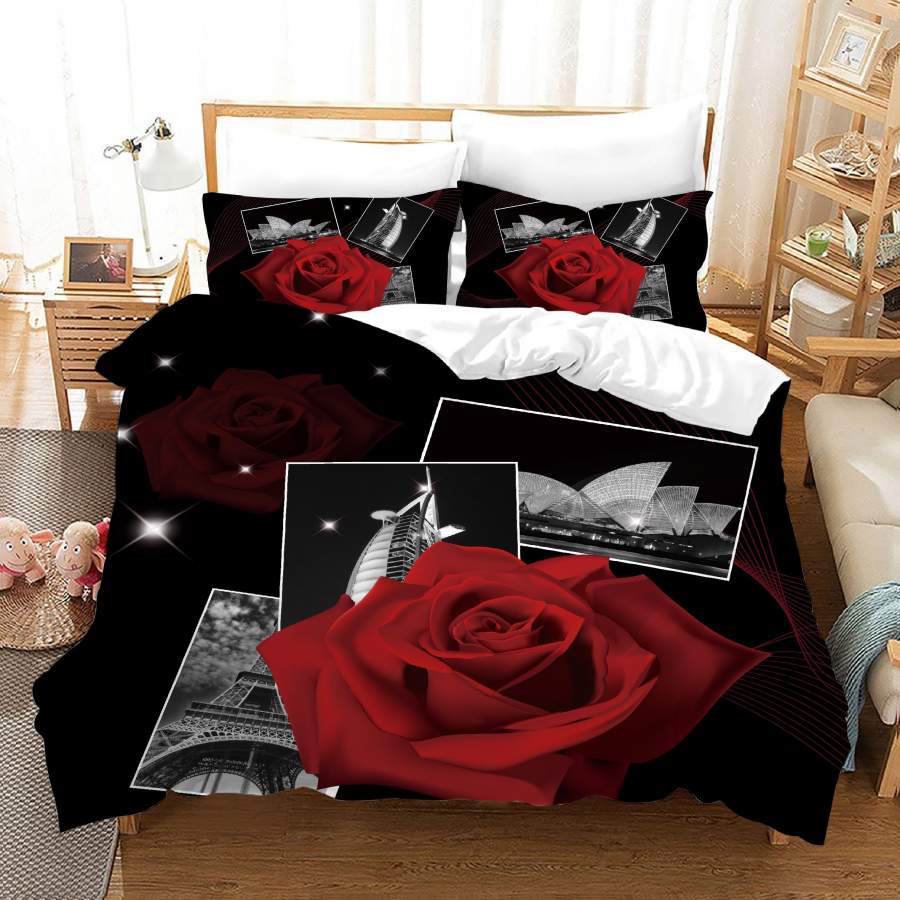 3D Building Red Rose Floral Quilt Cover Set Bedding Set Duvet Cover Pillowcases JN 1121