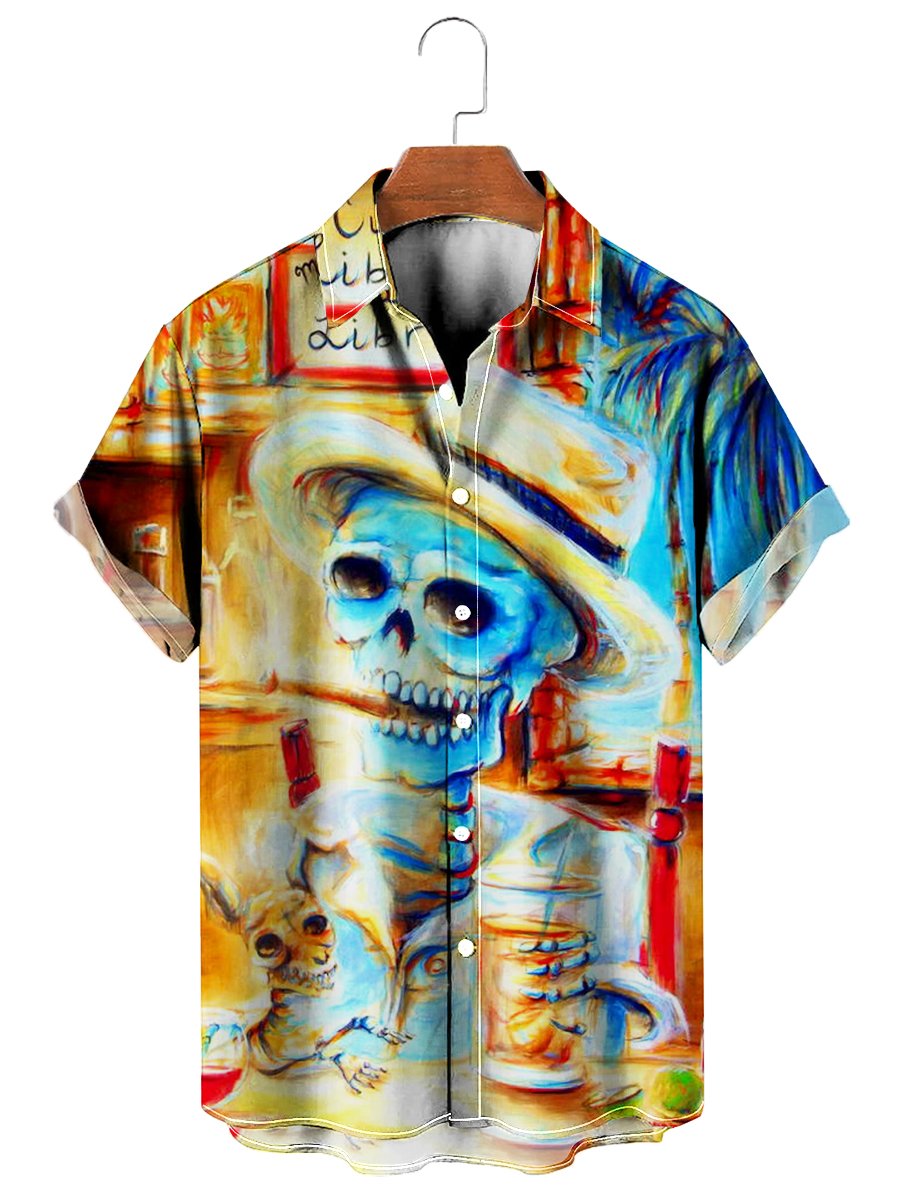 Vintage Casual Short Sleeve Shirt Art Skull Button Shirt