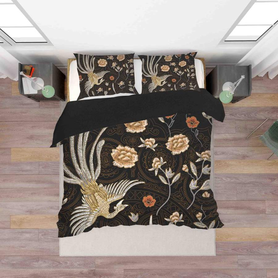 3D Black Phoenix Floral Embroidery Quilt Cover Set Bedding Set Duvet Cover Pillowcases SF006