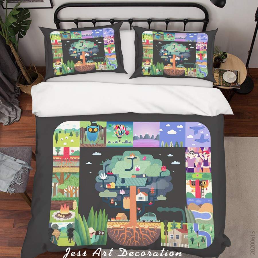 3D Cartoon Tree Forest House Owl Hot Air Balloon Quilt Cover Set Bedding Set Duvet Cover Pillowcases SF67