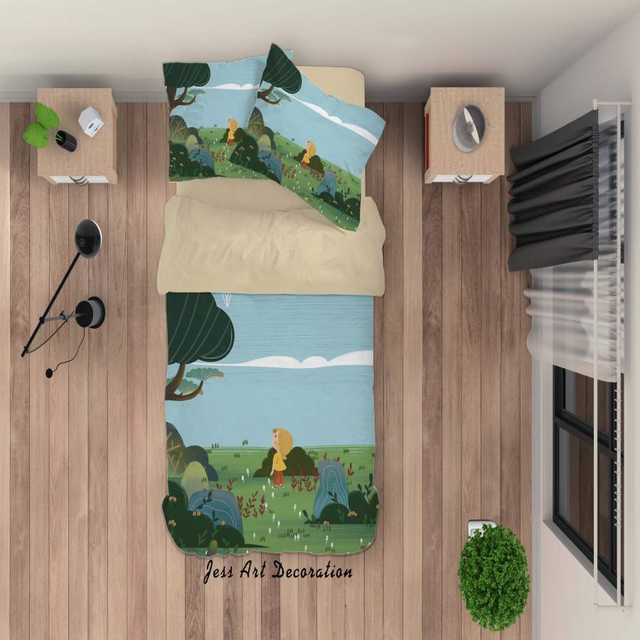 3D Blue Sky Grass Girl Tree Painting Quilt Cover Set Bedding Set Duvet Cover Pillowcases A449 LQH