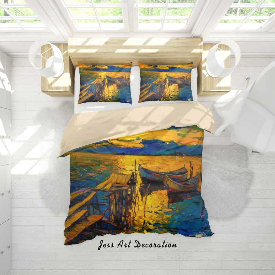 3D Ocean Boat Landscape Oil Painting Quilt Cover Set Bedding Set Duvet Cover Pillowcases A040 LQH