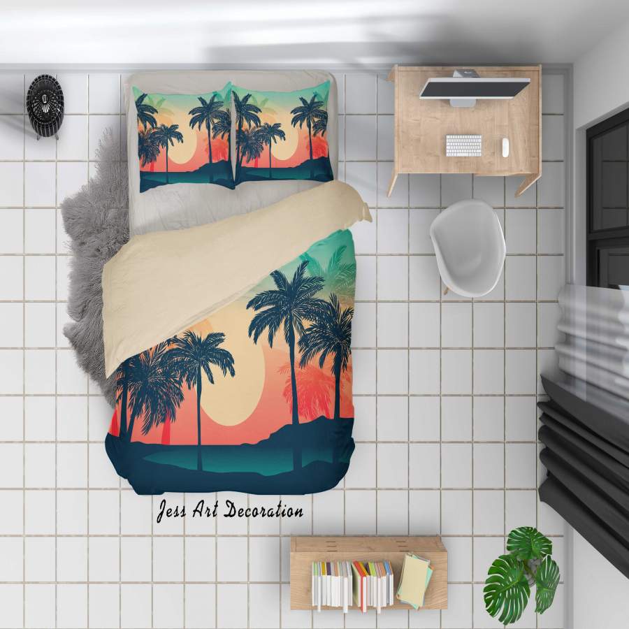 3D Cartoon Coconut Tree Sunset Quilt Cover Set Bedding Set Duvet Cover Pillowcases A056 LQH