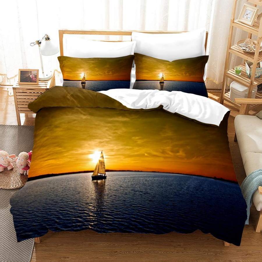 3D Sunset Sea Sailboat Quilt Cover Set Bedding Set Duvet Cover Pillowcases A528 LQH