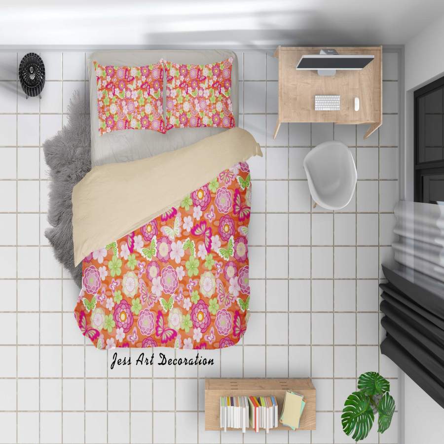 3D Orange Green Pink Floral Butterfly Quilt Cover Set Bedding Set Duvet Cover Pillowcases SF74