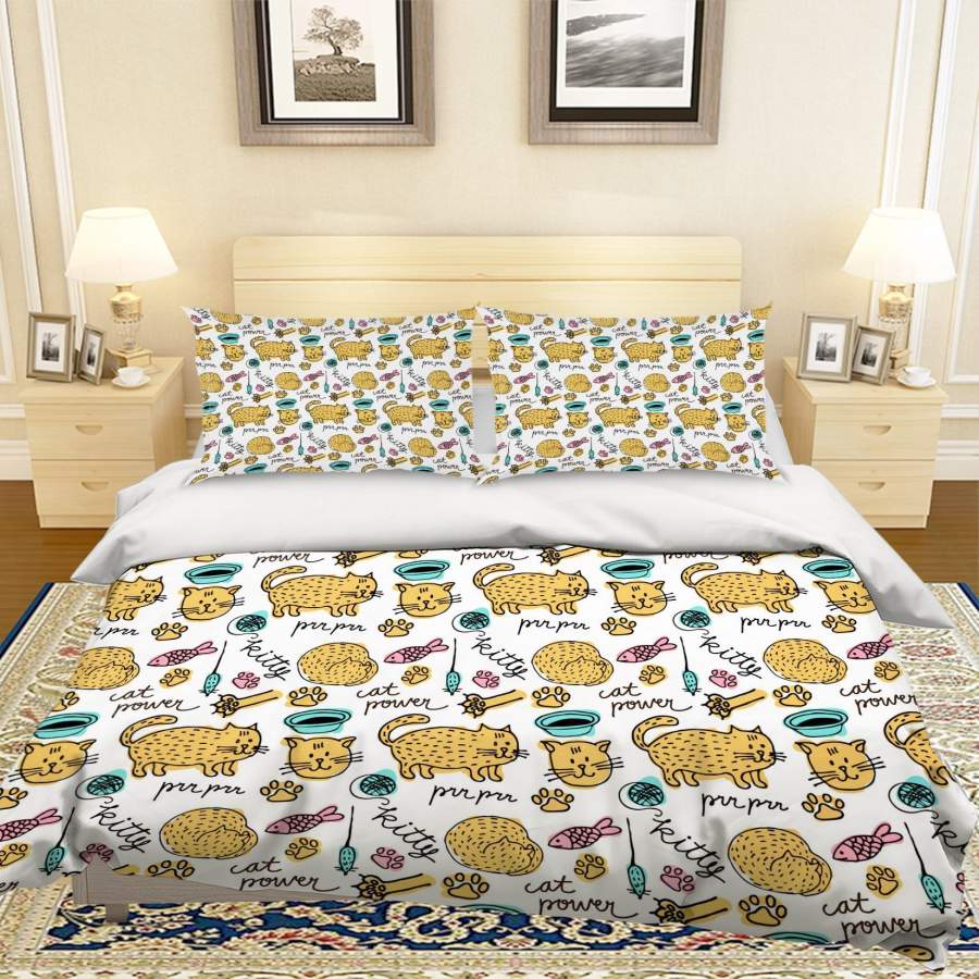 3D Cartoon Yellow Cat Quilt Cover Set Bedding Set Pillowcases 37