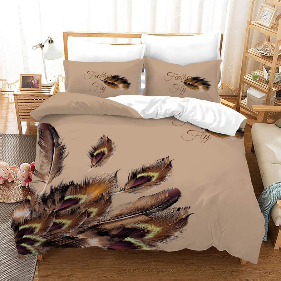 3D Brown Peacock Feather Quilt Cover Set Bedding Set Duvet Cover Pillowcases JN 1134