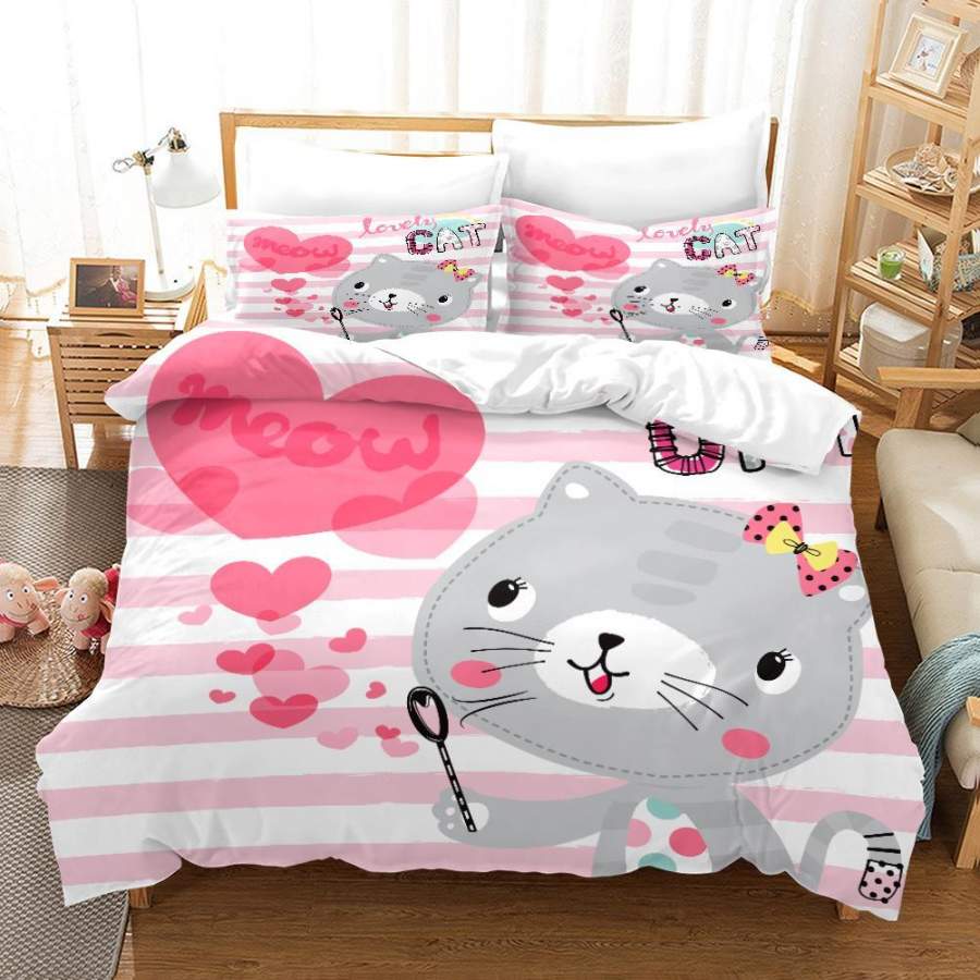 3D Heart Stripes Cat Kitty Quilt Cover Set Bedding Set Duvet Cover Pillowcases SF44