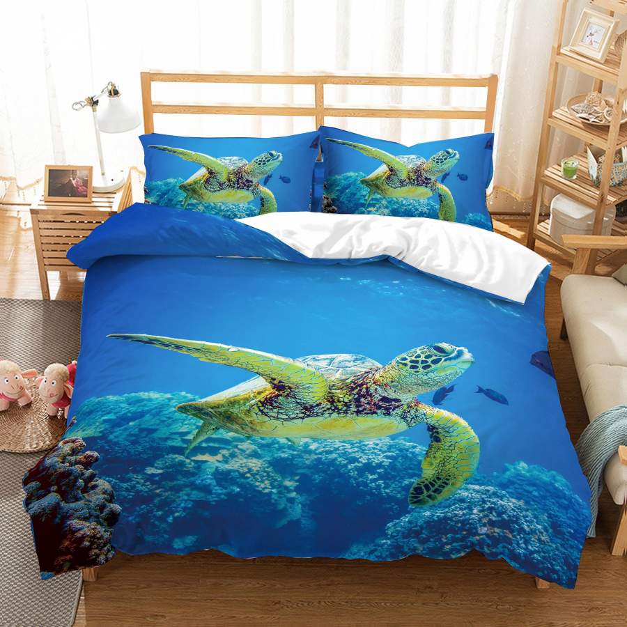 3D Sea world  Sea turtle Bedding Set Quilt Cover Quilt Duvet Cover Pillowcases Personalized  Bedding Queen  King  Full  Double 3 Pcs