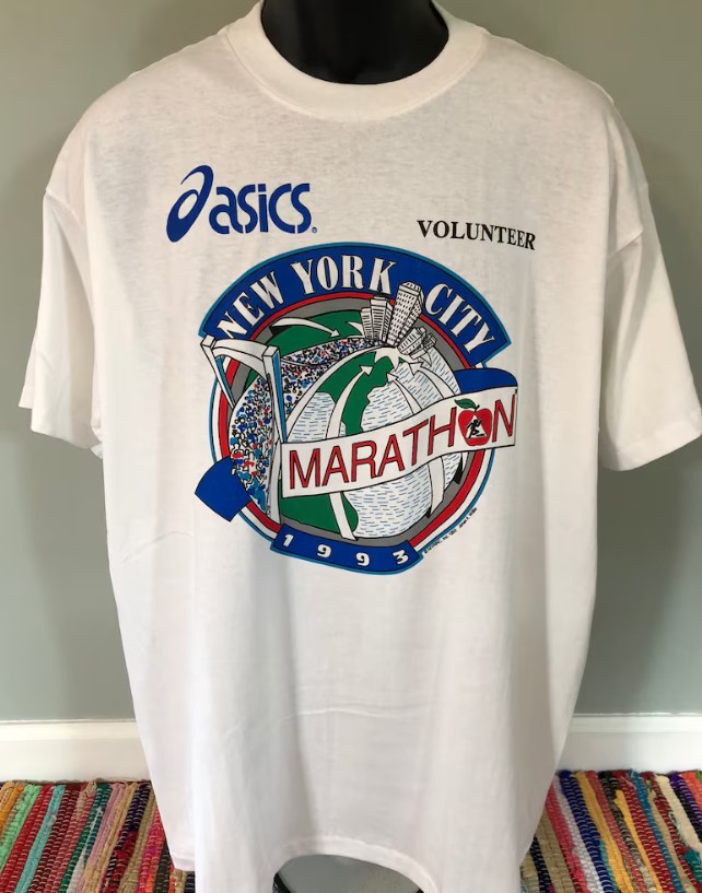 Vintage 90s 1993 New York City Marathon Asics Volunteer Sport NYC Tee Shirt Outfit, Shirt Outfit Idea