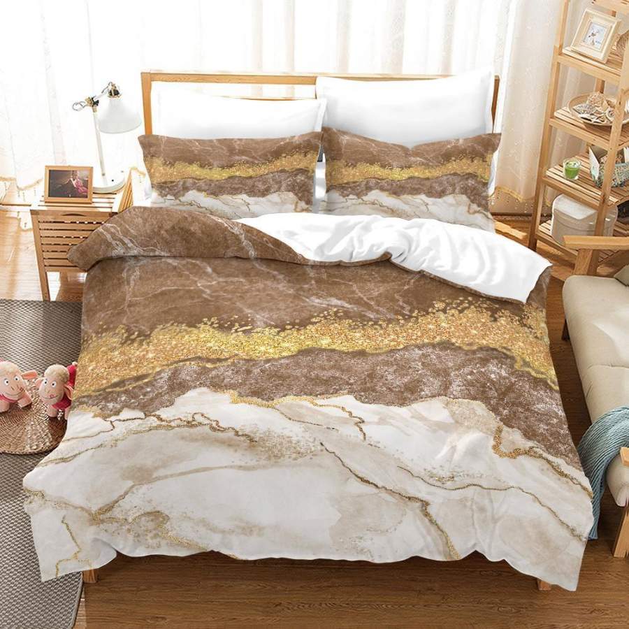 3D Brown Gold Foil Marble Quilt Cover Set Bedding Set Duvet Cover Pillowcases A413 LQH