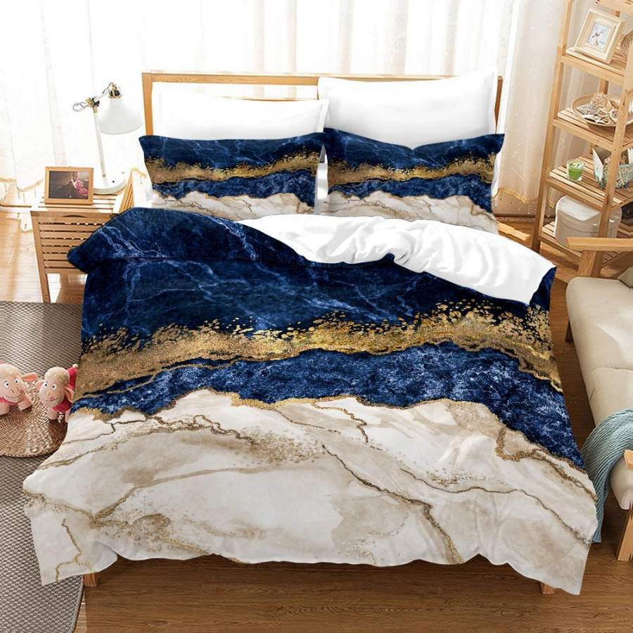 3D Precious Blue Gold Foil Marble Quilt Cover Set Bedding Set Duvet Cover Pillowcases A412 LQH