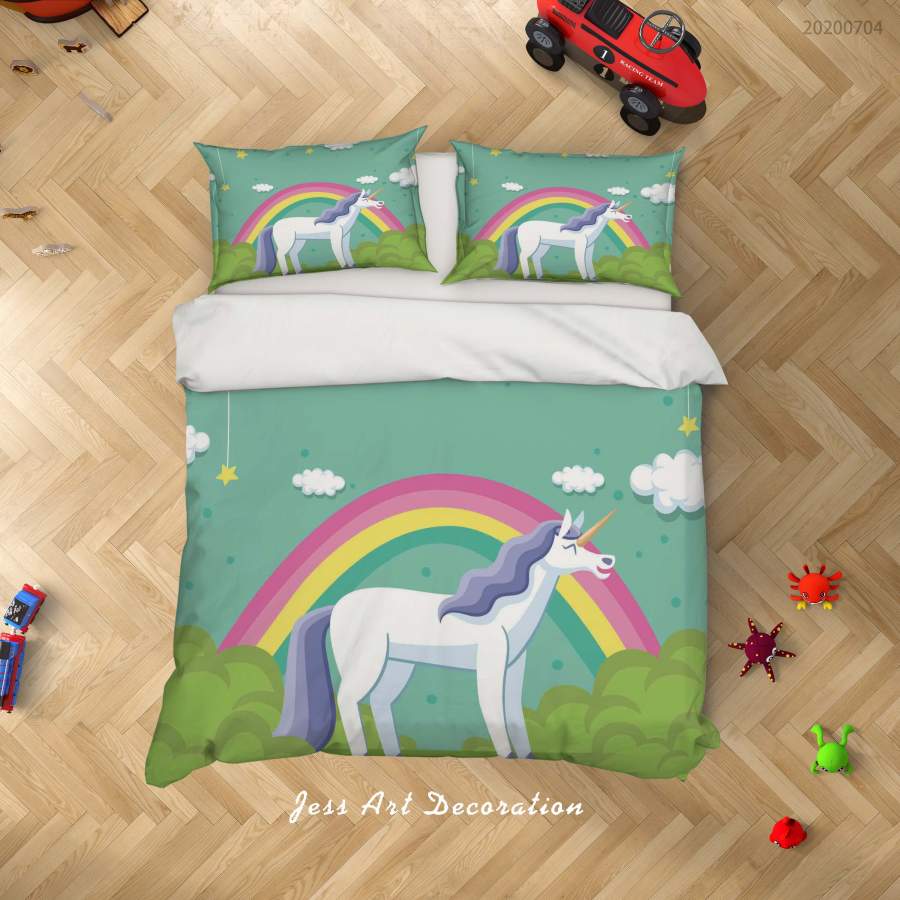 3D Green Unicorn Rainbow Stars Quilt Cover Set Bedding Set Duvet Cover Pillowcases SF130