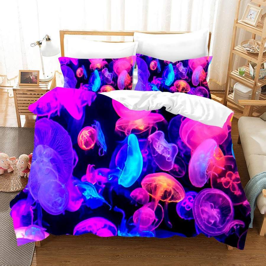 3D Pink Blue Purple Jellyfish Quilt Cover Set Bedding Set Pillowcases 55