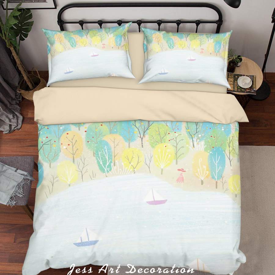 3D Forest Lake Boat Painting Quilt Cover Set Bedding Set Duvet Cover Pillowcases A472 LQH