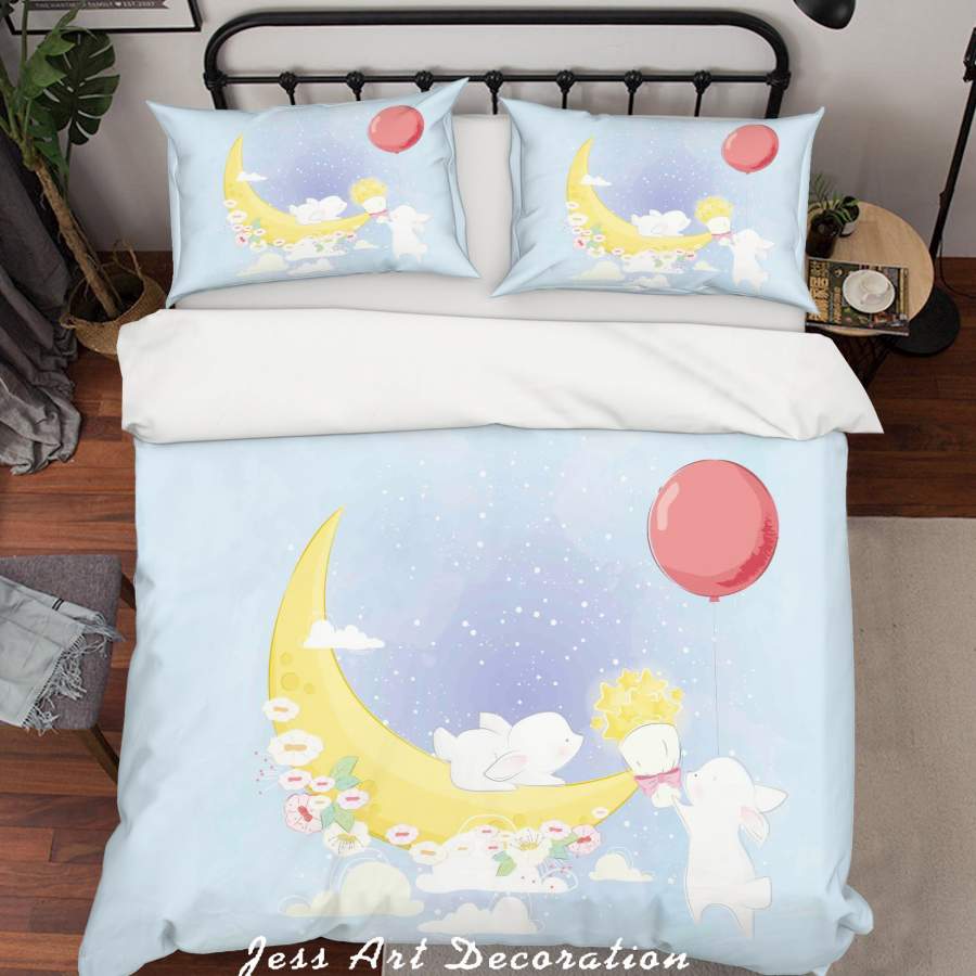 3D Blue Moon Star Floral Balloon Rabbit Quilt Cover Set Bedding Set Duvet Cover Pillowcases SF88