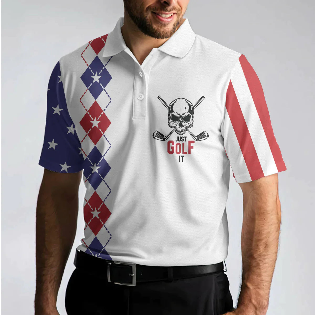 Argyle Pattern American Flag, Just Golf It Skull Golf Polo Shirt