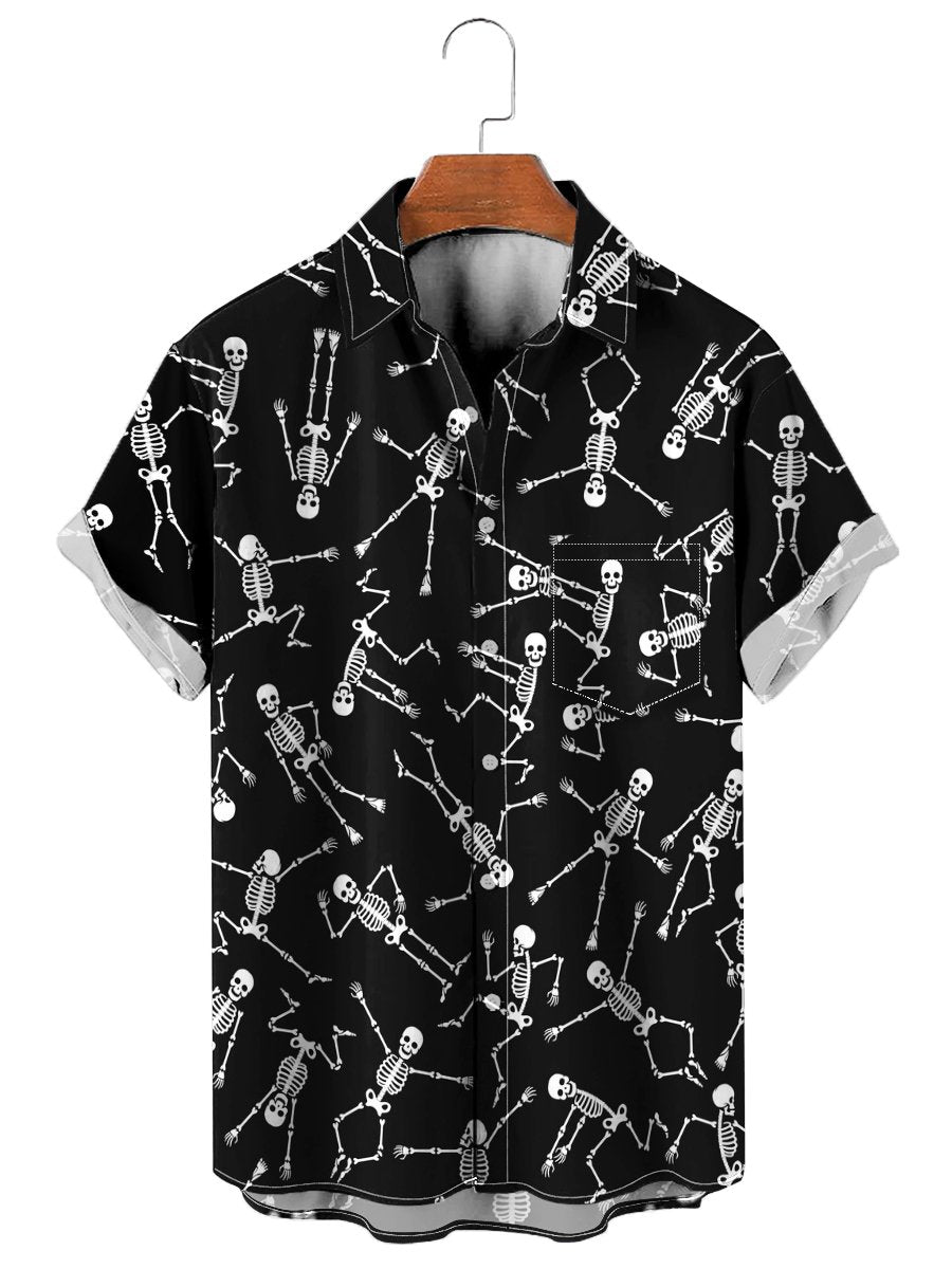 Yoga Skeleton Print Chest Pocket Short Sleeve Hawaiian Shirt